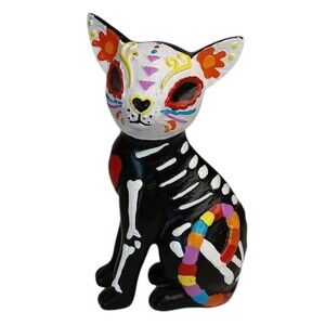 Day Of The Dead Resin Black & White Cat Figurine With Colorful Accents 4.5 x 2.5